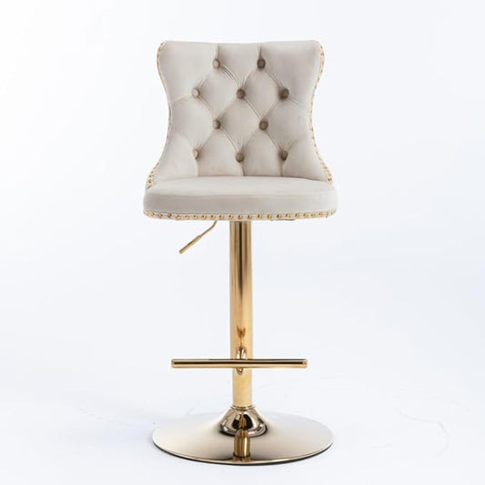 Modern Swivel Bar Stool with Adjustable Height and Tufted Upholstered Backrest for Kitchen Island, Home Bar, or Dining Area (Beige + Velvet + Foam)