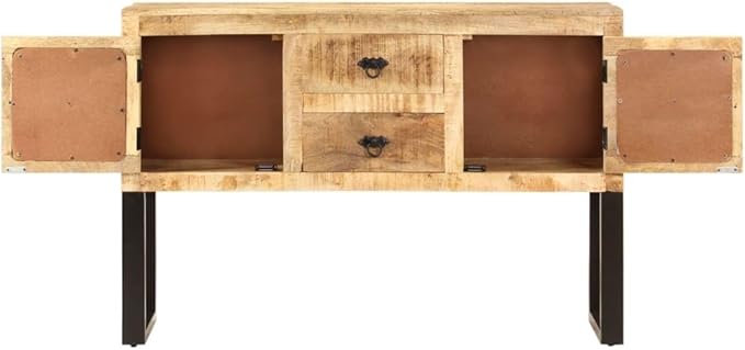 Industrial Style Mango Wood Sideboard, Rough Finish, 43.3" Wide, Living Room Buffet Cabinet with 2 Doors & 2 Drawers, Polished Brown Storage Furniture Kitchen Furnitur