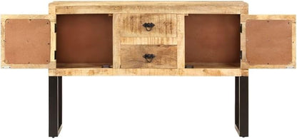 Industrial Style Mango Wood Sideboard, Rough Finish, 43.3" Wide, Living Room Buffet Cabinet with 2 Doors & 2 Drawers, Polished Brown Storage Furniture Kitchen Furnitur