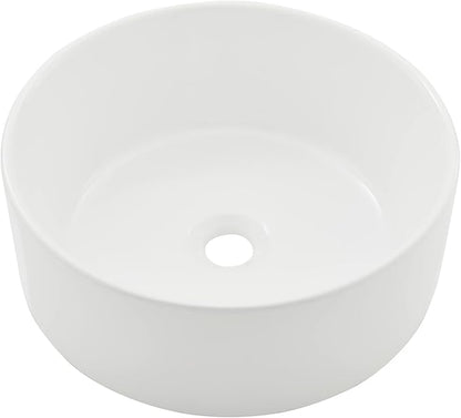 White Round Vessel Sink, BoomHoze 16"x16" Modern Countertop Circle White Porcelain Ceramic Bathroom Sink Above Counter Art Washing Basin