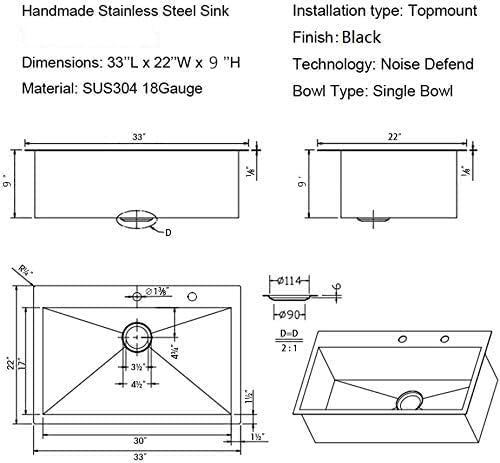 Friho 33x22 Inch Drop in Kitchen Sink Black,16 Gauge Handmade Gunmetal Black Stainless Steel Sink, Topmount Large Single Bowl Basin with Basket Strainer and Dish Grid
