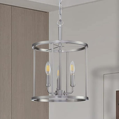 Doraimi Lighting 3-Light Hanging Lantern Pendant Light Fixture Brushed Nickel Finish Geometric Chandelier Adjustable Chain Metal Cage Pendant Lighting for Kitchen Island Dining Room Foyer
