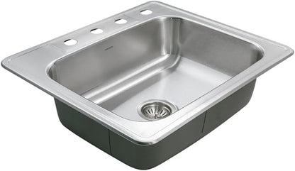 Houzer Glowtone 25 Inch Stainless Steel Topmount 4-Hole Single Bowl 8 Inch Deep Kitchen Sink - 2522-8BS4-1