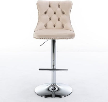 Premium Velvet Upholstered Swivel Bar Stool with Adjustable Height and Tufted Backrest for Kitchen Island, Home Bar, and Dining Space (Foam + Beige + Velvet)