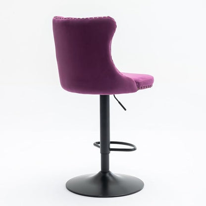 Adjustable Swivel Bar Stool with Tufted Velvet Upholstery, Chrome Base and Back Support for Kitchen Island, Home Bar or Pub (Purple + Velvet + Foam-1)