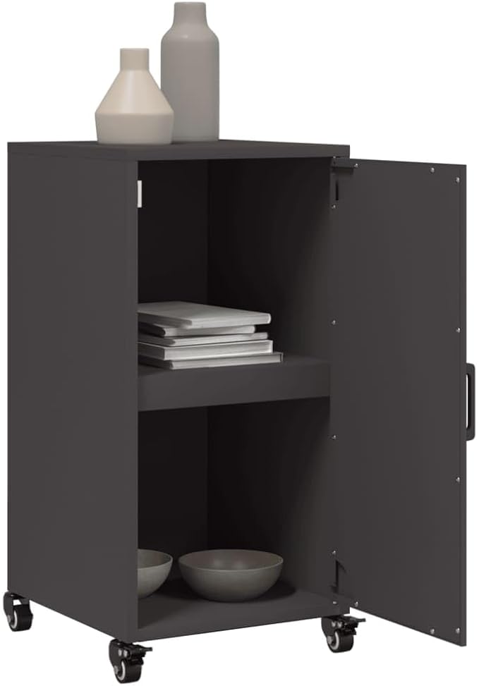 Modern Black Steel Sideboard Buffet Cabinet 15.4 x 14.2 x 28.3 in, Compact Coffee Bar Storage with Smooth Sliding Door & Wheels for Living Room, Entryway or Small Kitchen