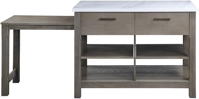 Acme Feivel Kitchen Island with Pull Out Table in Marble Top and Rustic Oak