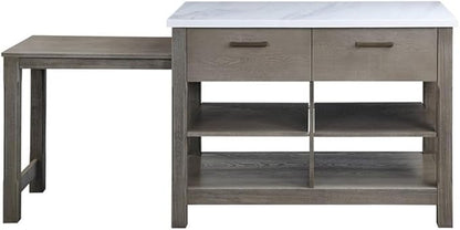 Acme Feivel Kitchen Island with Pull Out Table in Marble Top and Rustic Oak