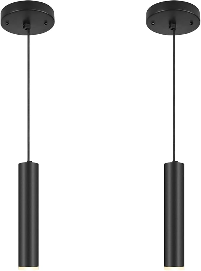 Modern Black-on-Gold Cylindrical Chandelier, 1-Light Pendant with Adjustable Cord, Matching GU10 Socket for Living Room, Bedroom and Dining Room (Wide Beam Angle) (2 Pack)