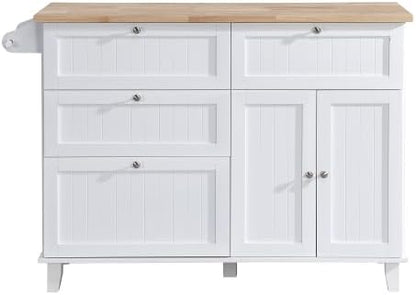 Bellemave Kitchen Island Set with 2 Stools, Kitchen Storage Island with Drop Leaf, 4 Drawers, Cabinet and Towel Rack, Dining Table Set with 2 Stools, White+Natural/Brown