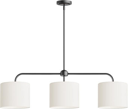 Electro bp;40" W 3-Light White Linen Drum Shade Chandelier with Black Metal Linear Pendant Light Fixture for Kitchen Island,Dining Table,E26,180W;