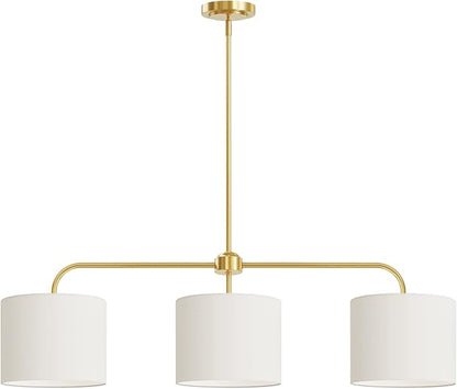 Electro bp 3-Light White Linen Drum Shade Chandelier with Polished Gold Metal Linear Pendant Light Fixture for Kitchen Island, Dining Table, E26, 180W