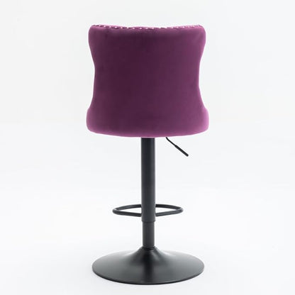 Adjustable Swivel Bar Stool with Tufted Velvet Upholstery, Chrome Base and Back Support for Kitchen Island, Home Bar or Pub (Purple + Velvet + Foam-1)