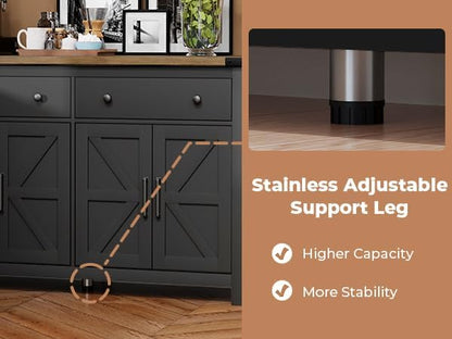 VVFLU 55" Sideboard Buffet Cabinet with Storage, Coffee Bar Cabinet with 2 Drawers and 4 Barn Doors, Long Storage Cabinet Modern Farmhouse, Black Wood, for Kitchen, Dining Room, Living Room