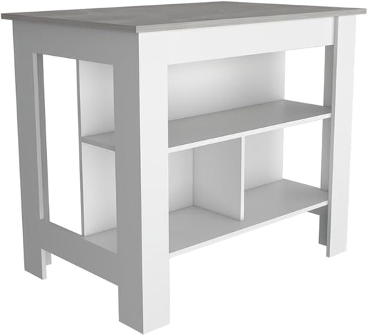 Kitchen Island Kitchen Table 35" H Four Legs with 3 Open Storage Shelves Wide Top for Meal Prep Spacious Leg Room Practical(Gray White)