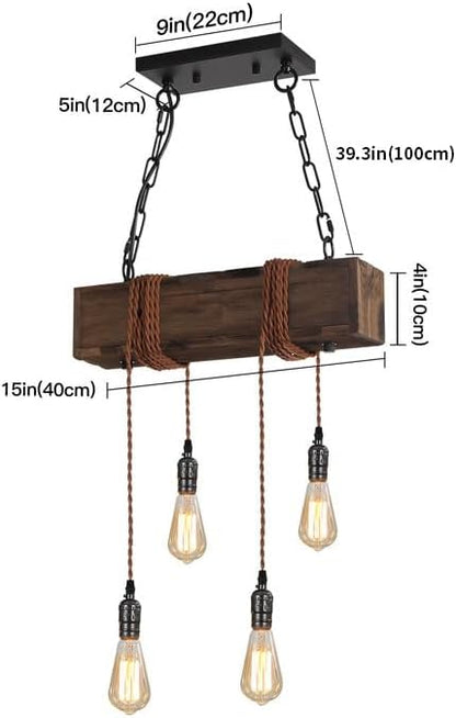 KEESFU 4-Lights Farmhouse Pendant Lights Kitchen Island, Rustic Wooden Ceiling Hanging Light, Height Adjustable, Dining Room Chandelier for Kitchen Island Dining Room Bar Pool Table Cabin.