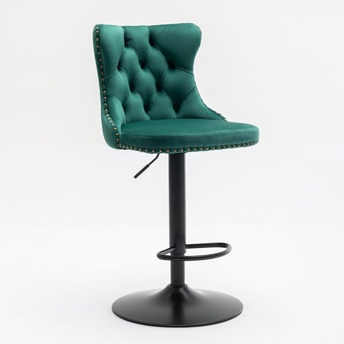 Adjustable Swivel Bar Stool with Tufted Velvet Upholstery, Chrome Base and Back Support for Kitchen Island, Home Bar or Pub (Green + Velvet + Foam-1)
