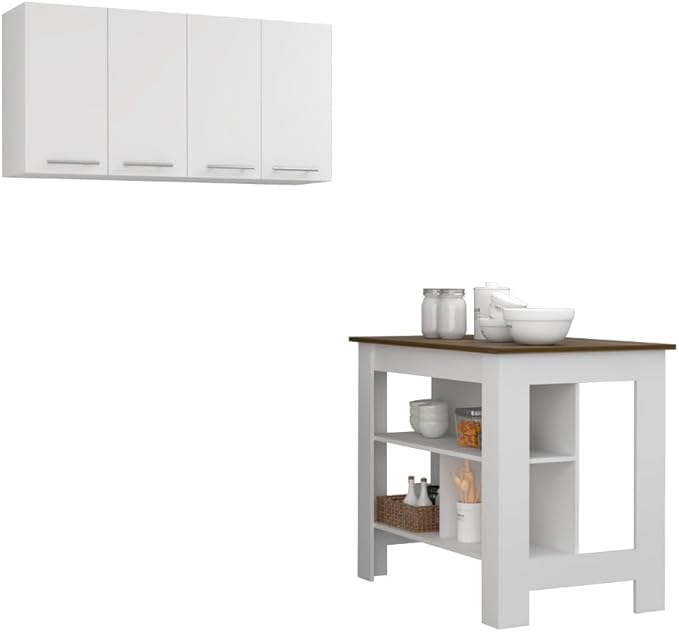 5 Shelf 4 Door 2 Kitchen Set, Kitchen Island and Upper Wall Cabinet White and Walnut QT457