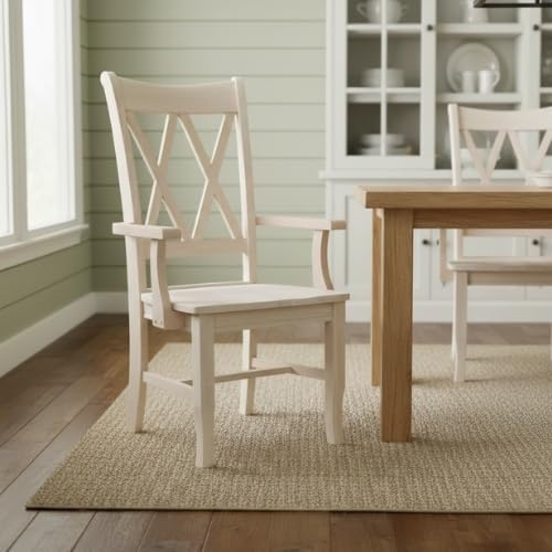 Solid Wood Double X-Back Dining Chair with Arms in Unfinished Parawood, Classic Kitchen/Dining Furniture, Stainable & Paintable, 23.6" W x 22" D x 41.3" H, Wide Arm Width, Traditional & Durable