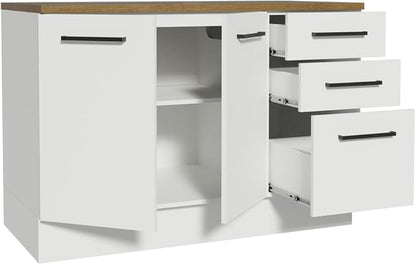 Madesa Hazel Kitchen Storage Buffet Base Cabinet with Adjustable Feet 47 Inch Engineered Wood Slab Doors Painted Finish Floor Mount Removable Plinth - White