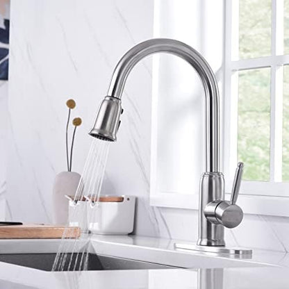 Stainless Steel Kitchen Faucet with Pull Down Sprayer, WOWOW Vintage Kitchen Sink Faucet Brushed Nickel Single Handle Kitchen Faucet for Sink 1 or 3 Hole
