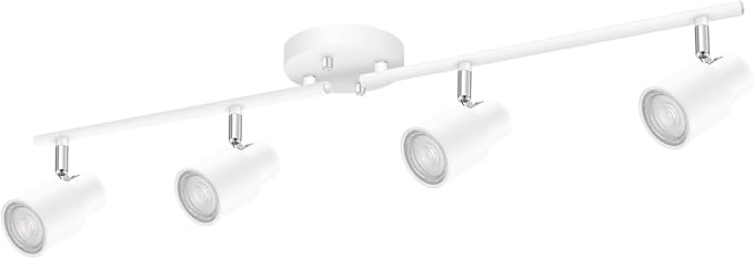 BoostArea LED 4 Light Track Lighting Kit,4 Way Modern Ceiling Lighting, Flexibly Rotatable Industrial Spot Light Head for Kitchen, Living Room, Bedroom, White,GU10 Bulb Not Included