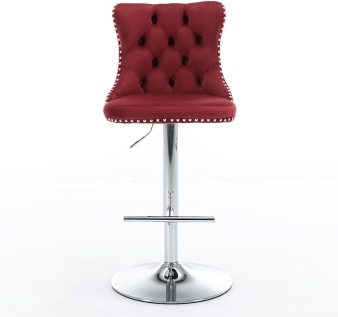 Adjustable Swivel Bar Stool with Tufted Velvet Upholstery, Chrome Base and Back Support for Kitchen Island, Home Bar or Pub (Foam + Burgundy + Velvet)