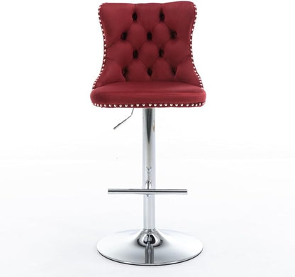 Adjustable Swivel Bar Stool with Tufted Velvet Upholstery, Chrome Base and Back Support for Kitchen Island, Home Bar or Pub (Foam + Burgundy + Velvet)