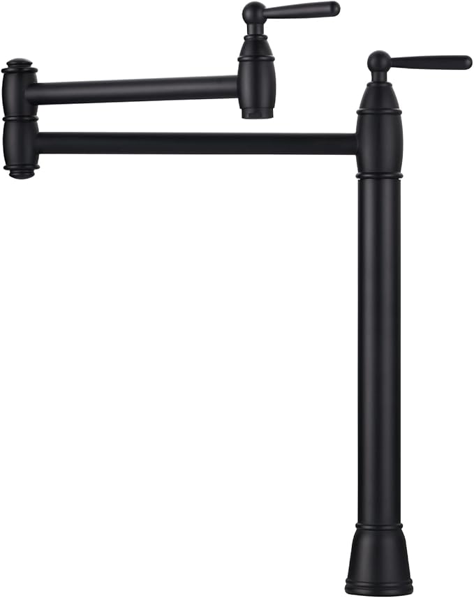 Pot Filler Deck Mount, ARCORA Pot Filler Black Kitchen Folding Faucet 2 Handle with Stretchable Double Joint Swing Arms Brass Stove Faucet Matte Black