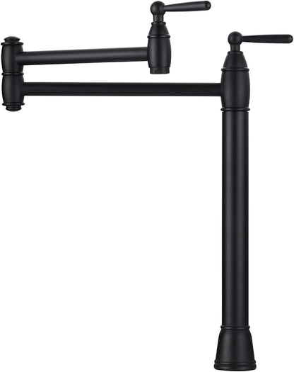 Pot Filler Deck Mount, ARCORA Pot Filler Black Kitchen Folding Faucet 2 Handle with Stretchable Double Joint Swing Arms Brass Stove Faucet Matte Black