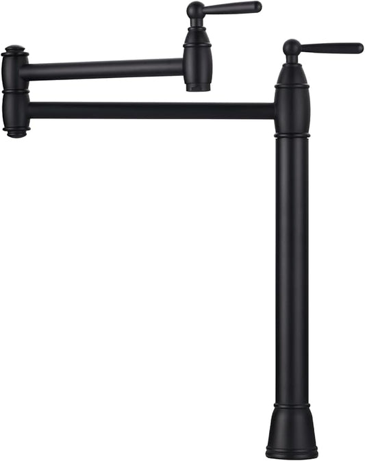 Pot Filler Deck Mount, ARCORA Pot Filler Black Kitchen Folding Faucet 2 Handle with Stretchable Double Joint Swing Arms Brass Stove Faucet Matte Black