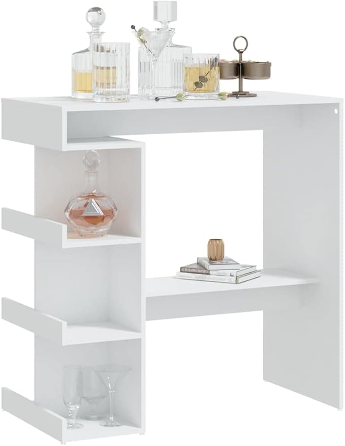 White Bar Table with Footrest and Storage Rack, Engineered Wood Modern Design for Lounge Dining Space, 39.4in x 19.7in x 40.0in Dimensions, Smooth Matte Finish Easy Care