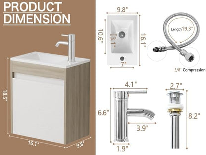 wonline 16” Small Bathroom Vanity Sink Combo for Small Space Wall Mounted Cabinet Set White Resin Basin Sink Top Chrome Faucet