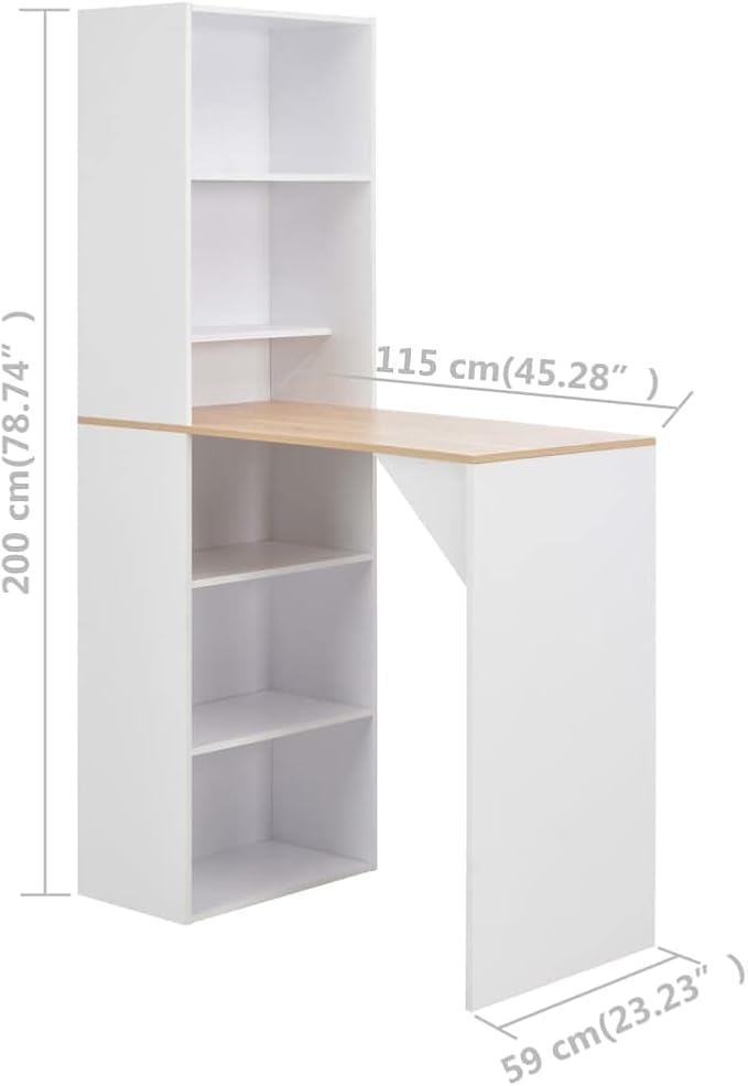 White Bar Table with Natural Wood Highlights, Engineered Wood Modern Dining Table 45.3 x 23.2 x 78.7 Inches, Compact Design with Shelves for Kitchen and Dining Area Storage