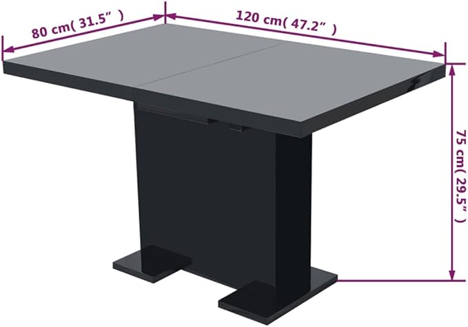 Modern Extendable Dining Table High-Gloss Black MDF Steel Rectangular Shape Expandable from 47.2 to 59.1 Inches for Compact Kitchens and Dining Rooms