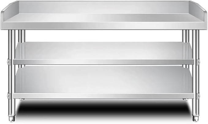 Kitchen Preparation Table Stainless Steel Worktop with Three-Sided Splashback, Stainless Steel Dining Table Grill, Adjustable Legs, 2/3-Tier Kitchen Preparation Table,Bl120×w60×h80cm