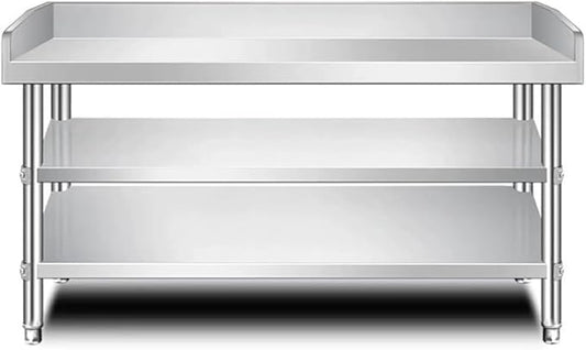 Kitchen Preparation Table Stainless Steel Worktop with Three-Sided Splashback, Stainless Steel Dining Table Grill, Adjustable Legs, 2/3-Tier Kitchen Preparation Table,Bl120×w60×h80cm