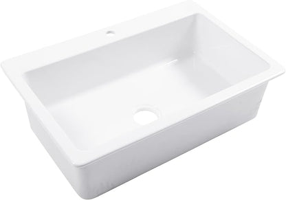 Sinkology Jackson 33 Inch White Fireclay Drop-In Kitchen Sink, Single Bowl, 1 Faucet Hole, Fits 36 Inch Cabinet, Surefire Finish