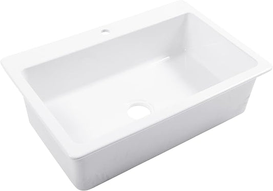 Sinkology Jackson 33 Inch White Fireclay Drop-In Kitchen Sink, Single Bowl, 1 Faucet Hole, Fits 36 Inch Cabinet, Surefire Finish