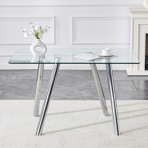 Donext 51" Rectangular Tempered Glass Dining Table, Sturdy Metal Legs,Modern Kitchen Dining Room Table, Easy to Clean, White