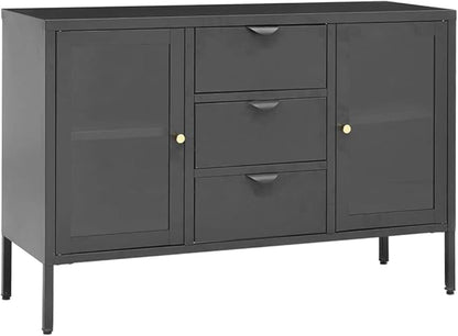 Anthracite Steel Sideboard, 41.3"x13.8"x27.6" Tempered Glass Buffet Cabinet with Drawers, Modern Storage for Kitchen, Living Room Storage Cabinets