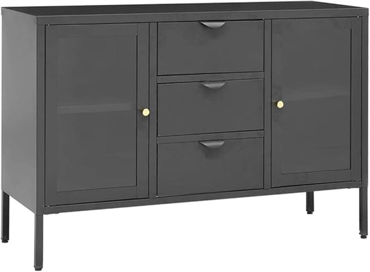 Anthracite Steel Sideboard, 41.3"x13.8"x27.6" Tempered Glass Buffet Cabinet with Drawers, Modern Storage for Kitchen, Living Room Storage Cabinets