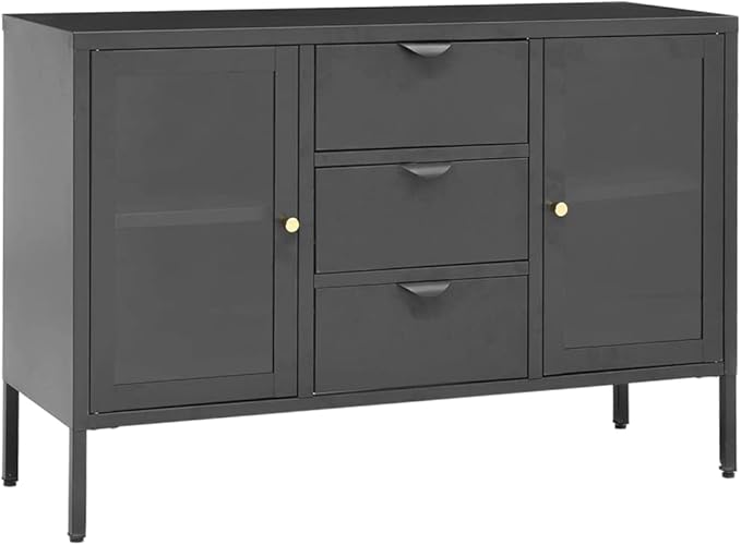 Anthracite Steel Sideboard, 41.3"x13.8"x27.6" Tempered Glass Buffet Cabinet with Drawers, Modern Storage for Kitchen, Living Room Kitchen Furnitur