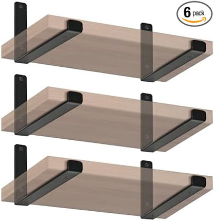 6 Pack - 9.25" L x 6" H x 1.5" W J Lip Shelf Brackets Rustic Farmhouse Iron Wall Floating Shelf Bracket Metal Shelf Bracket Industrial Shelf Supports with Screws Black