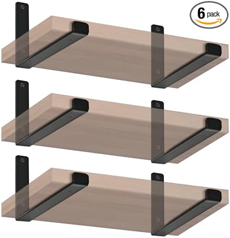 6 Pack - 9.25" L x 6" H x 1.5" W J Lip Shelf Brackets Rustic Farmhouse Iron Wall Floating Shelf Bracket Metal Shelf Bracket Industrial Shelf Supports with Screws Black