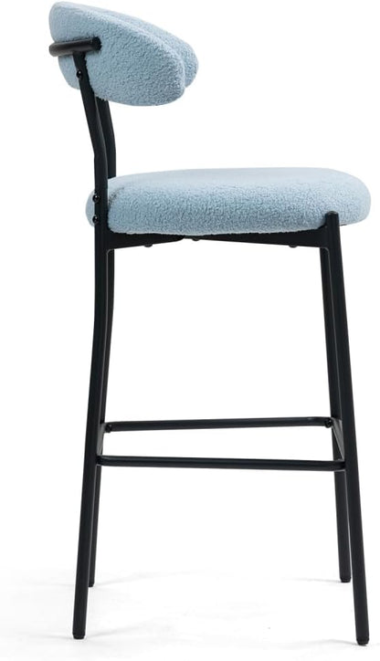 26" Counter Height Bar Stools - Teddy Fabric Upholstered Kitchen Island Stools with Black Powder-Coated Metal Base & Integrated Footrest, Modern Farmhouse Style(Blue)