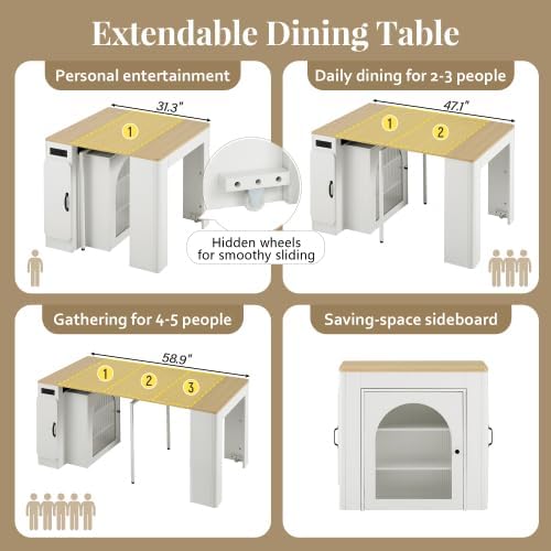 15.6"-59" Extendable Dining Room Table for 6 with 3 Removable Middle Leaves, Mobile Rolling Island Table with Power Outlet & LED Storage Cabinet for Dining Room, Cream White and Natural