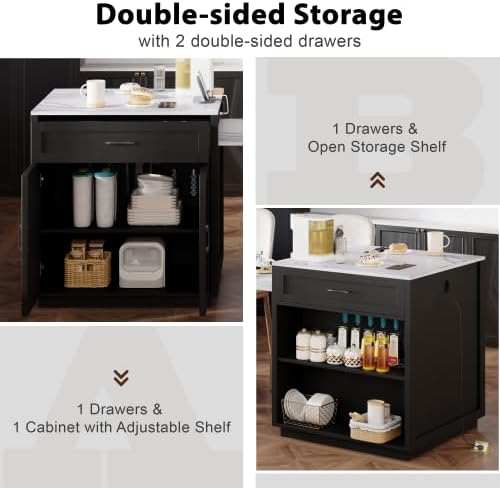 Kitchen Island with Extendable Dining, 82.7" Mobile Kitchen Storage Islands with Double-Sized Storage, Rolling Kitchen Cart with Power Outlet, Cabinet & 2 Drawers & 2 Side Open Shelves (Black)