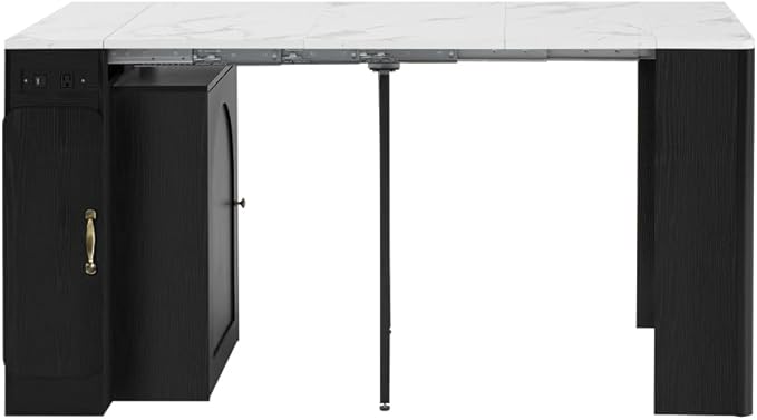 Extendable Dining Table with 3 Removable Middle Leaves, Mobile Rolling Island Table with Power Outlet, Saving-Space Cabinet with Storage for Dining Room and Living Room (Black and Marble White)