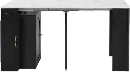 Extendable Dining Table with 3 Removable Middle Leaves, Mobile Rolling Island Table with Power Outlet, Saving-Space Cabinet with Storage for Dining Room and Living Room (Black and Marble White)